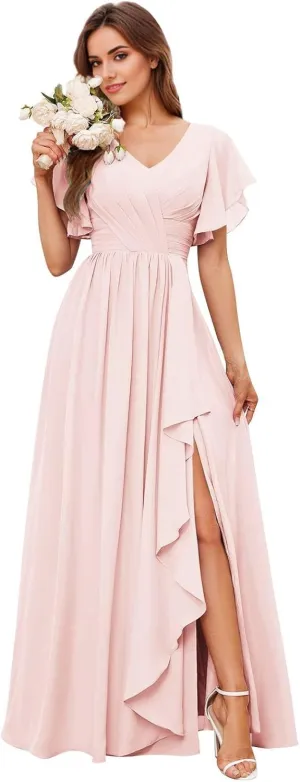 Women's Ruffle Sleeves Bridesmaid Dress with Slit for Wedding 2025 V-Neck A-Line Long Formal Dresses