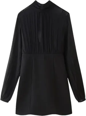 Women's Ruffle Splicing Long Sleeve Tied Mini Dresses Solid Round Neck Short Evening Party Dresses
