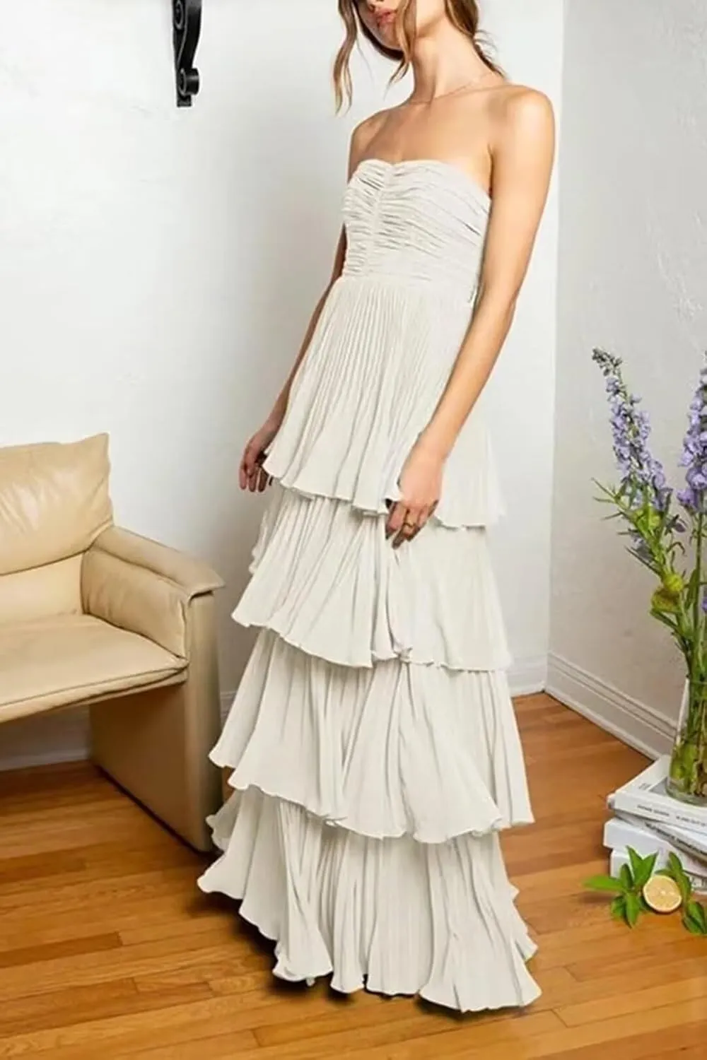 Women's Ruffles Bridesmiad Dresses Tiered Strapless Chiffon Prom Dress Long Formal Evening Gown