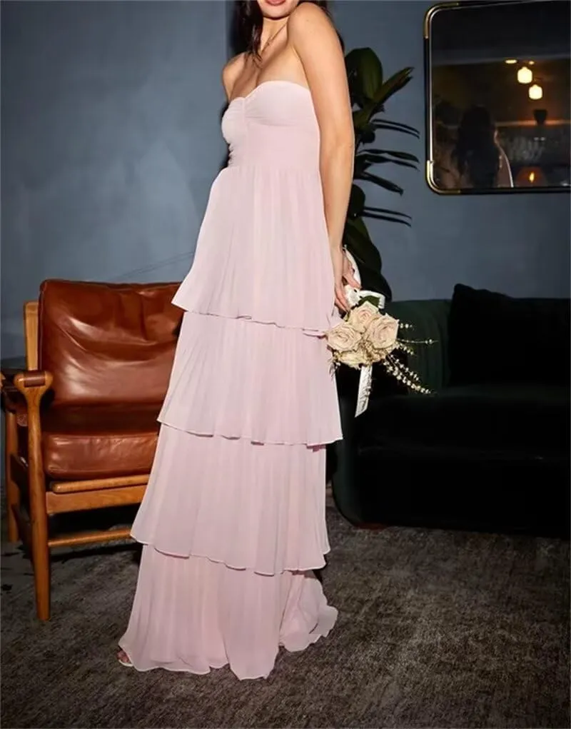 Women's Ruffles Bridesmiad Dresses Tiered Strapless Chiffon Prom Dress Long Formal Evening Gown