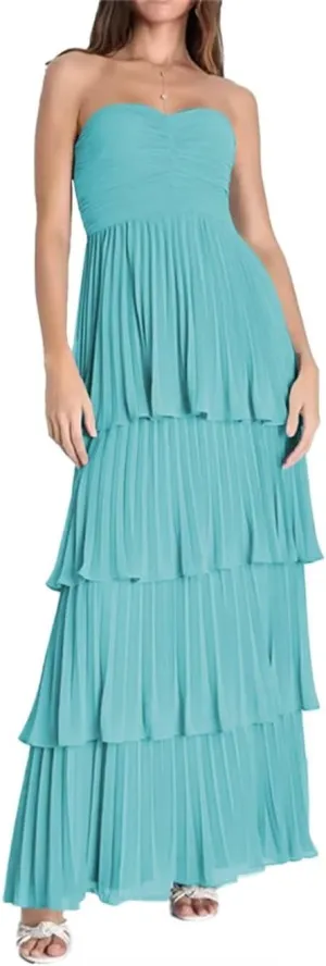 Women's Ruffles Bridesmiad Dresses Tiered Strapless Chiffon Prom Dress Long Formal Evening Gown