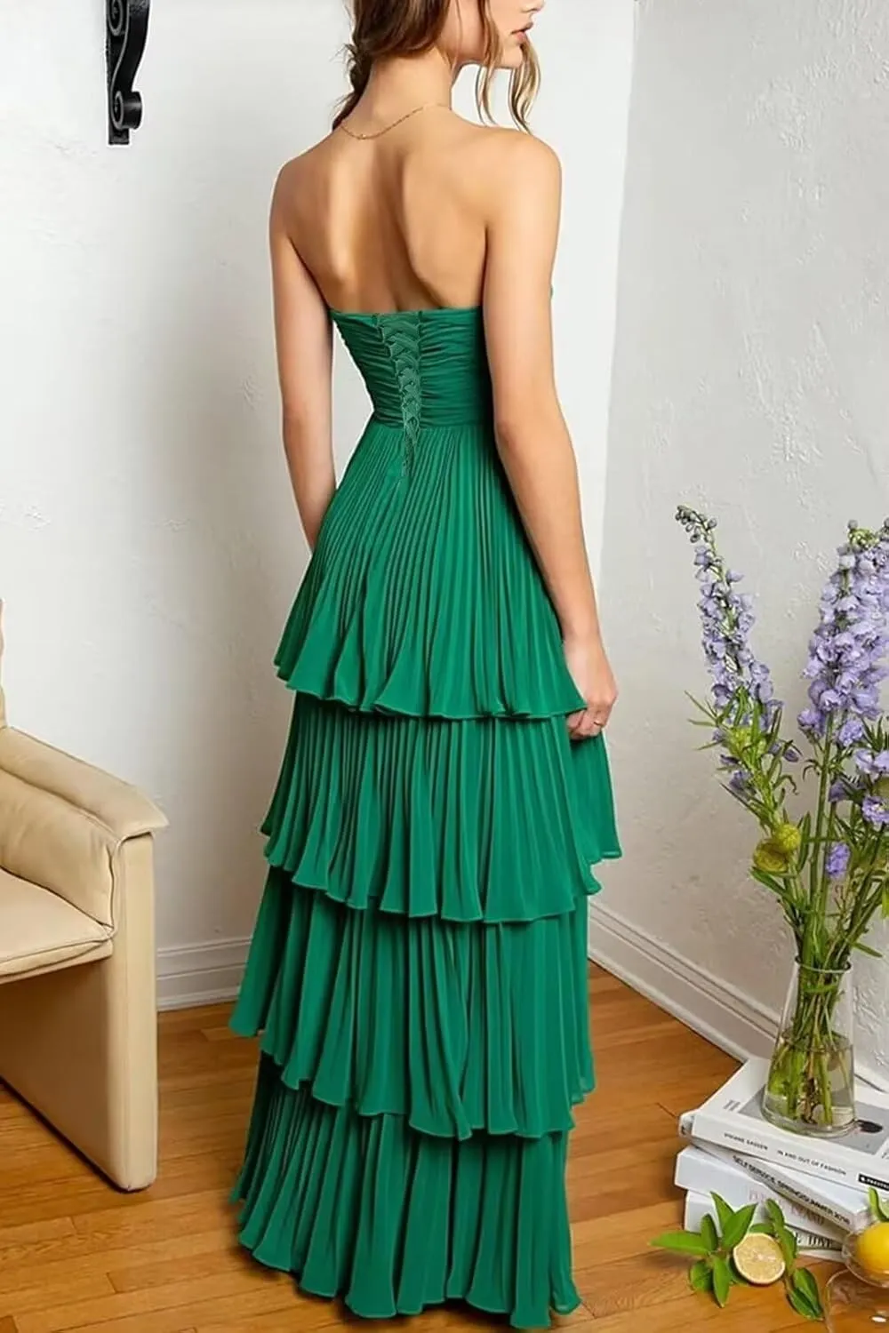 Women's Ruffles Bridesmiad Dresses Tiered Strapless Chiffon Prom Dress Long Formal Evening Gown