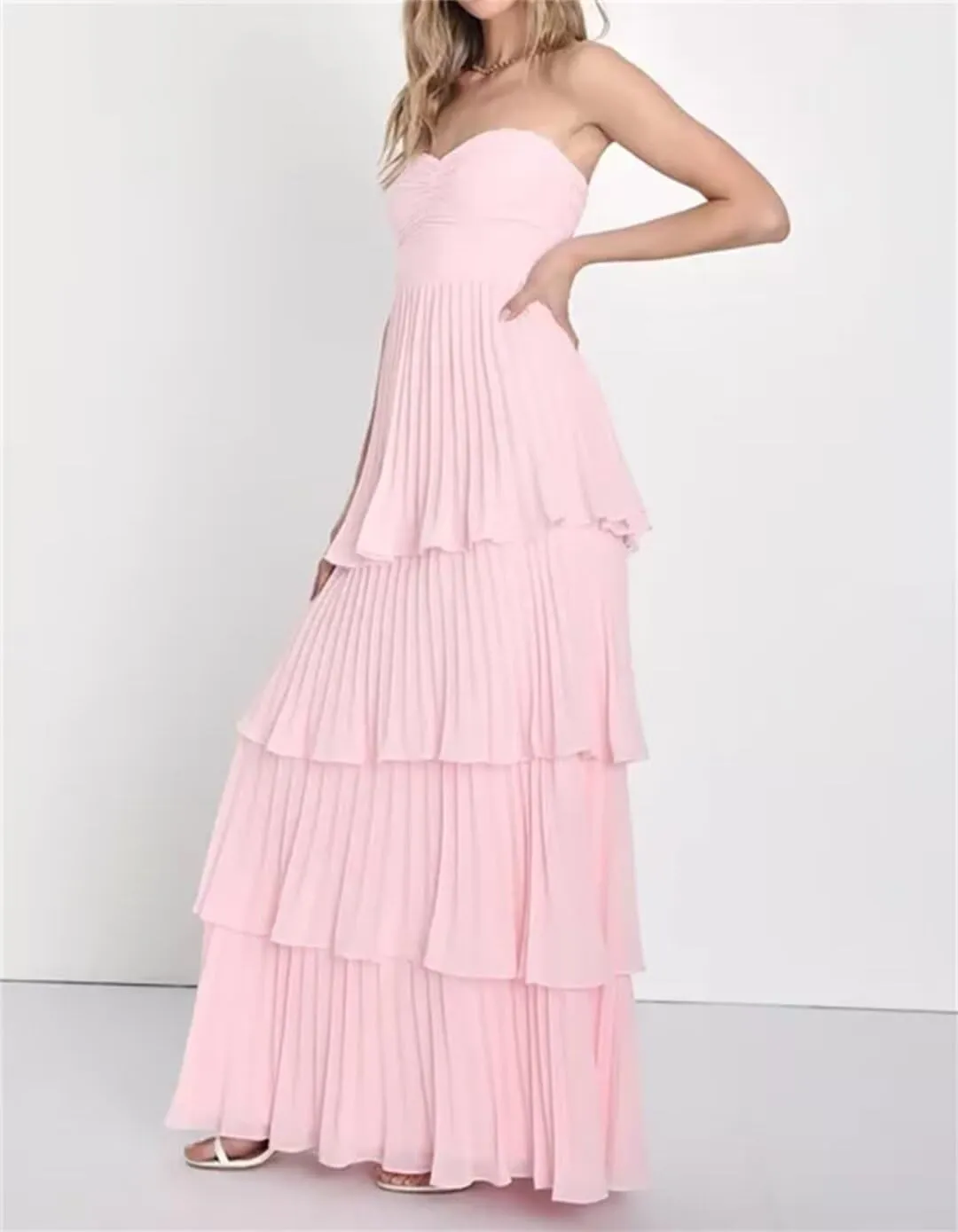 Women's Ruffles Bridesmiad Dresses Tiered Strapless Chiffon Prom Dress Long Formal Evening Gown
