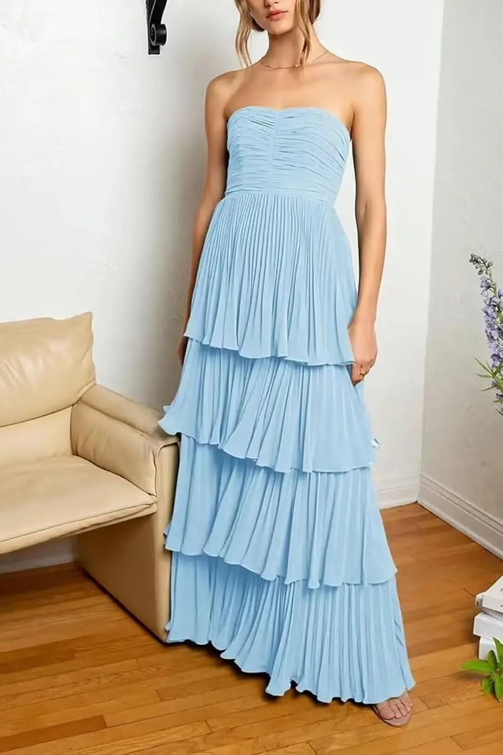 Women's Ruffles Bridesmiad Dresses Tiered Strapless Chiffon Prom Dress Long Formal Evening Gown