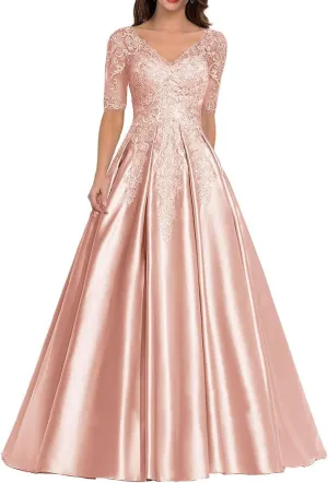 Women's Satin Mother of Bride Dress Lace Appliques Prom Dresses Formal Evening Dress Floor Length Ball Gown A Line YE17