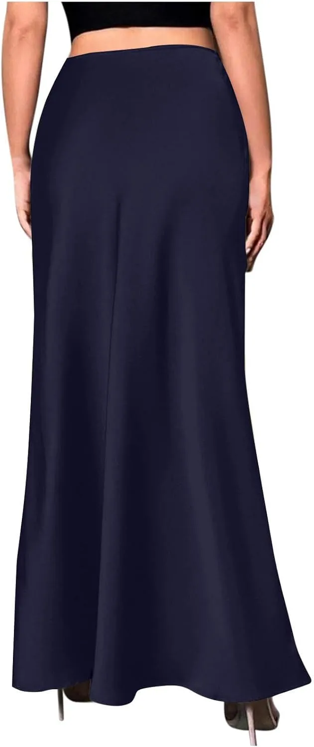 Womens Satin Silk Long Skirt 2025 Fashion Elegant Cocktail Party Flared Skirts Solid Color Casual High Waist Skirt
