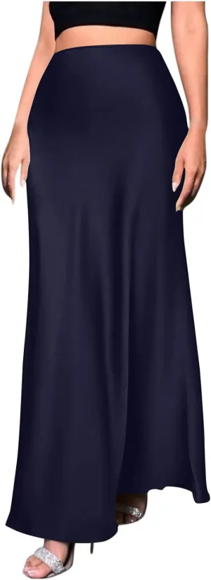 Womens Satin Silk Long Skirt 2025 Fashion Elegant Cocktail Party Flared Skirts Solid Color Casual High Waist Skirt