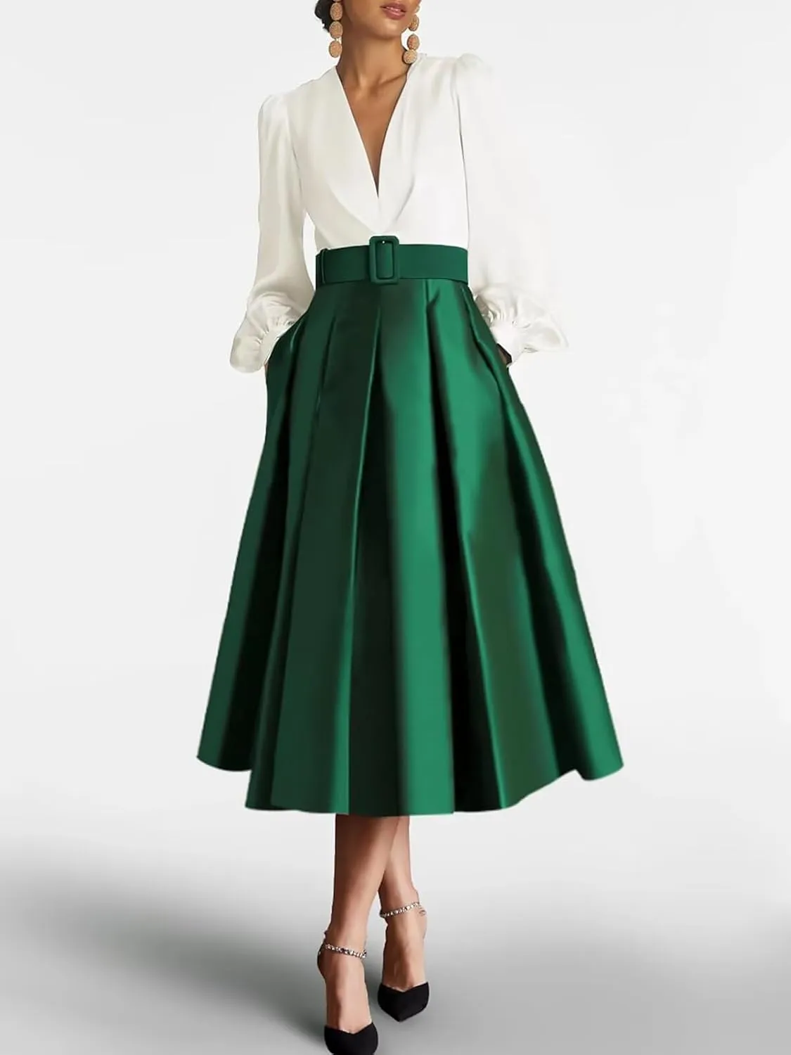 Women's Satin Tea Length Prom Dress with Pocktes Long Sleeves Evening Gown Elegant A Line Wedding Guest Dresses