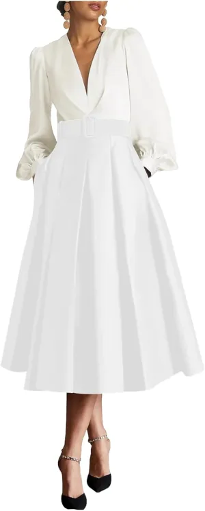 Women's Satin Tea Length Prom Dress with Pocktes Long Sleeves Evening Gown Elegant A Line Wedding Guest Dresses