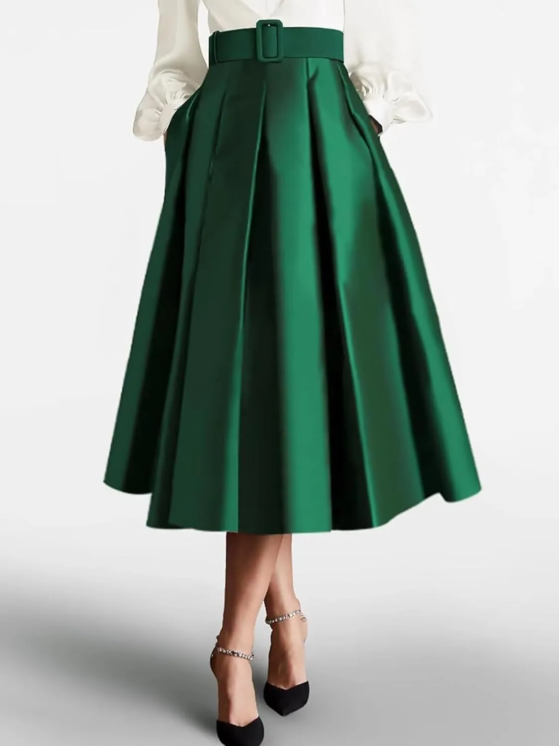 Women's Satin Tea Length Prom Dress with Pocktes Long Sleeves Evening Gown Elegant A Line Wedding Guest Dresses
