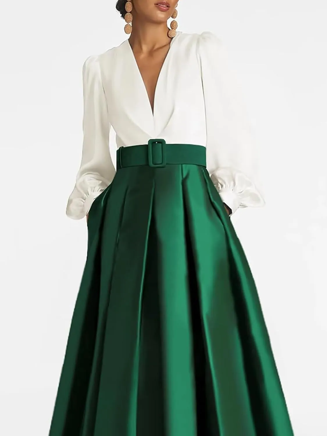 Women's Satin Tea Length Prom Dress with Pocktes Long Sleeves Evening Gown Elegant A Line Wedding Guest Dresses