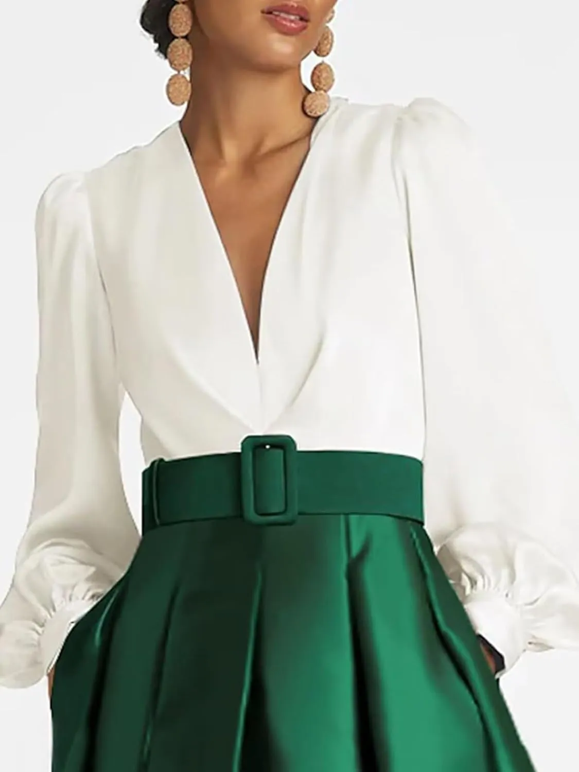 Women's Satin Tea Length Prom Dress with Pocktes Long Sleeves Evening Gown Elegant A Line Wedding Guest Dresses