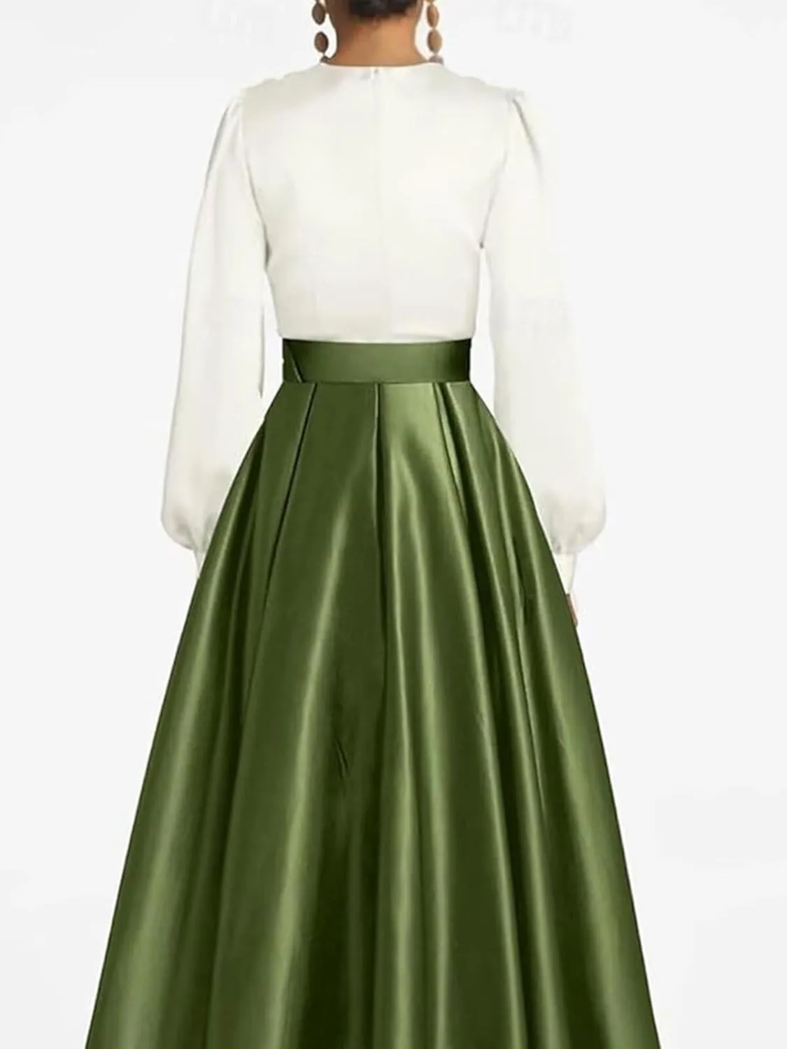 Women's Satin Tea Length Prom Dress with Pocktes Long Sleeves Evening Gown Elegant A Line Wedding Guest Dresses
