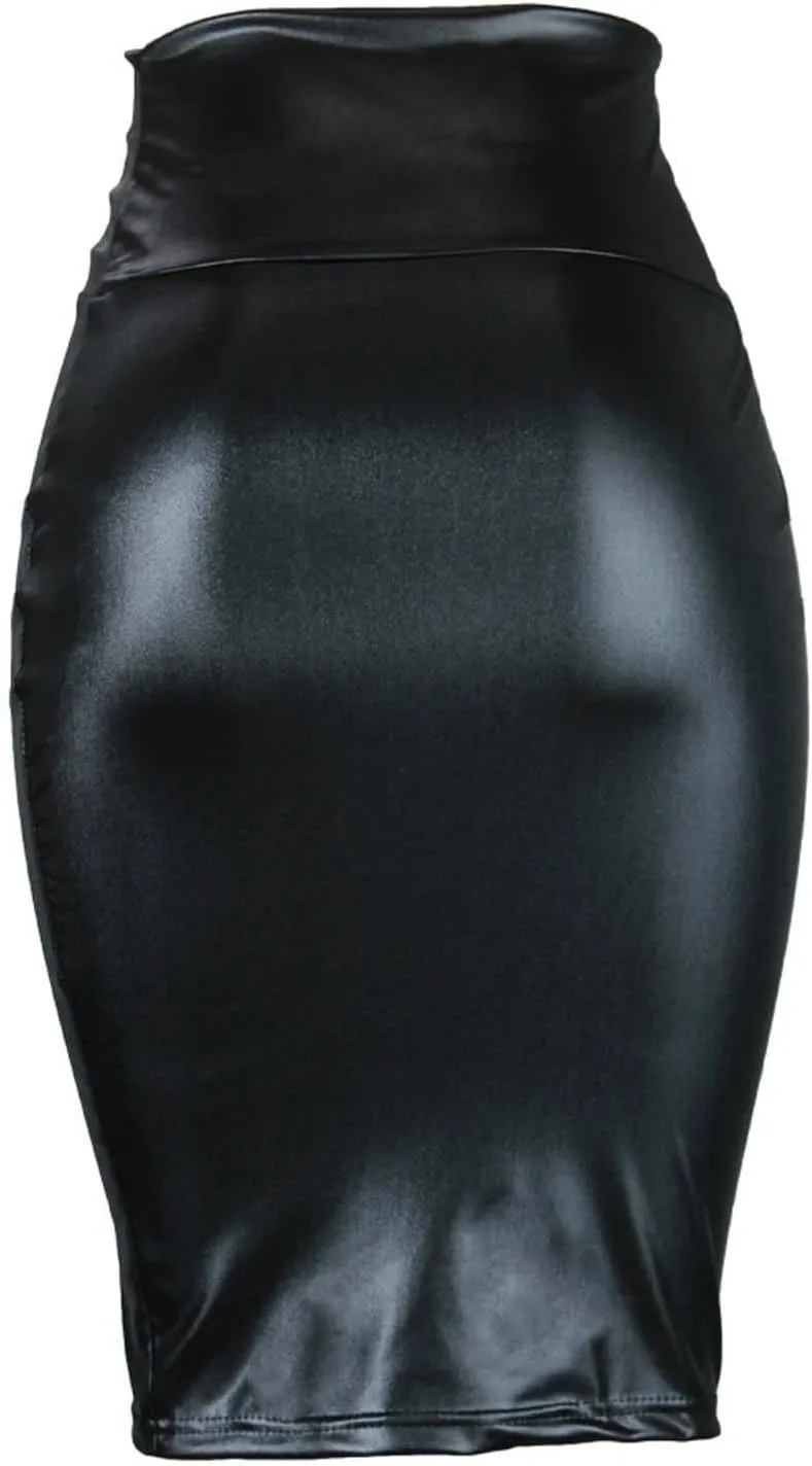 Womens Sexy Bodycon Faux Leather Skirts High Waisted Sexy Hip-Wrap Slim-Fit Pencil Skirt Knee Length Midi Skirt