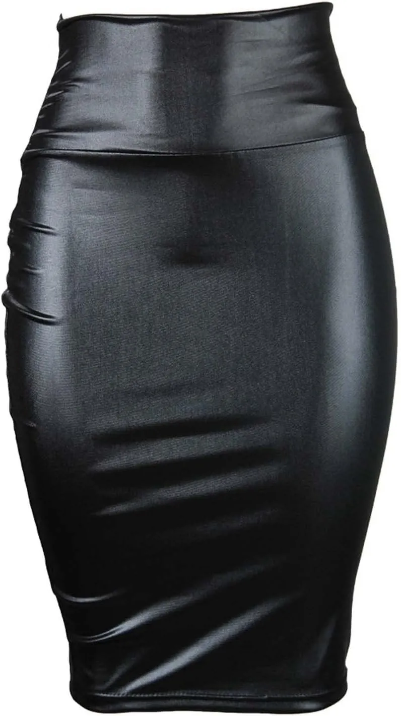 Womens Sexy Bodycon Faux Leather Skirts High Waisted Sexy Hip-Wrap Slim-Fit Pencil Skirt Knee Length Midi Skirt