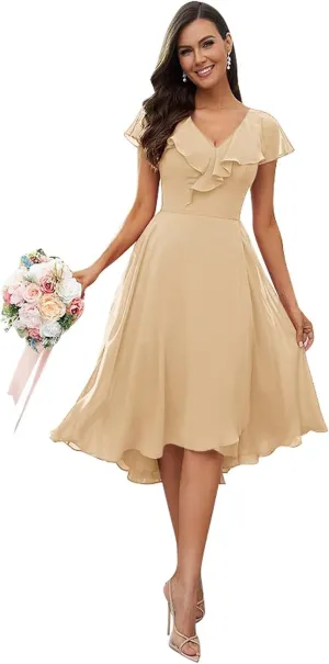 Women's Short Sleeve Bridesmaid Dresses for Wedding Ruffle Chiffon Short Wedding Guest Dresses