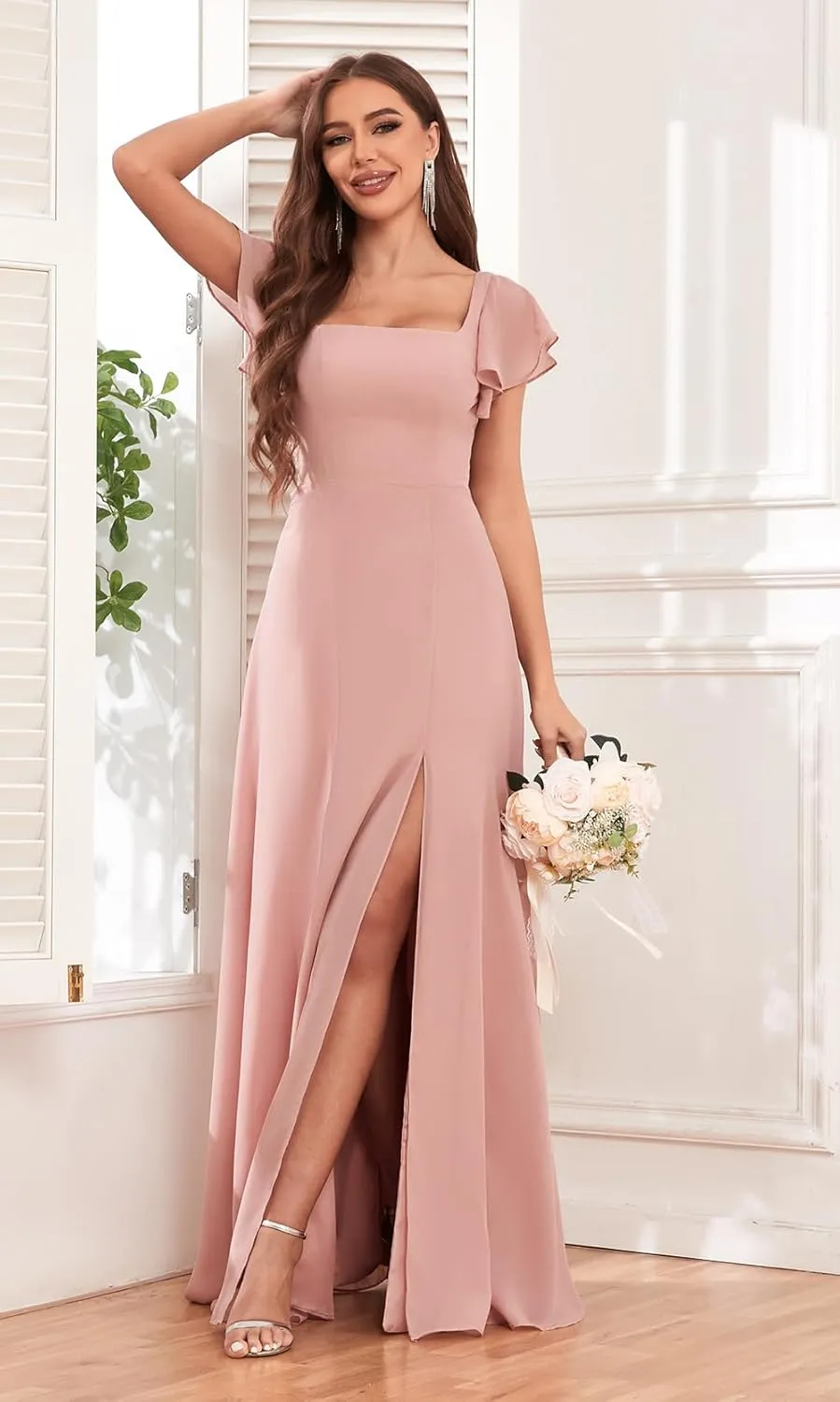 Women's Short Sleeve Square Neck Bridesmaid Dresses with Slit Chiffon Long Formal Evening Dresses