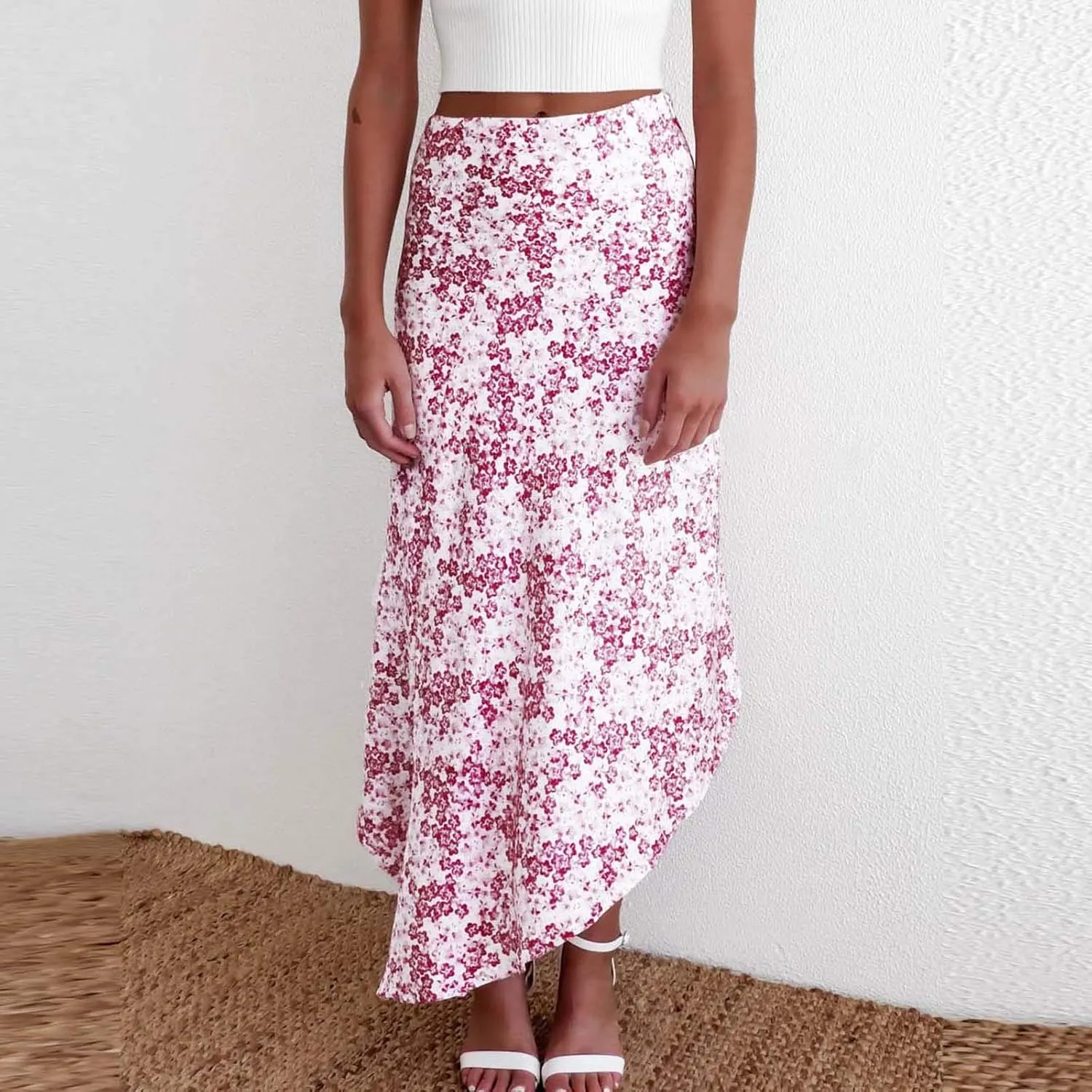 Women's Skirt Casual Asymmetrical Fashion Women Midi Party Print Summer Beach Skirt High Waist Skirts for Puffy