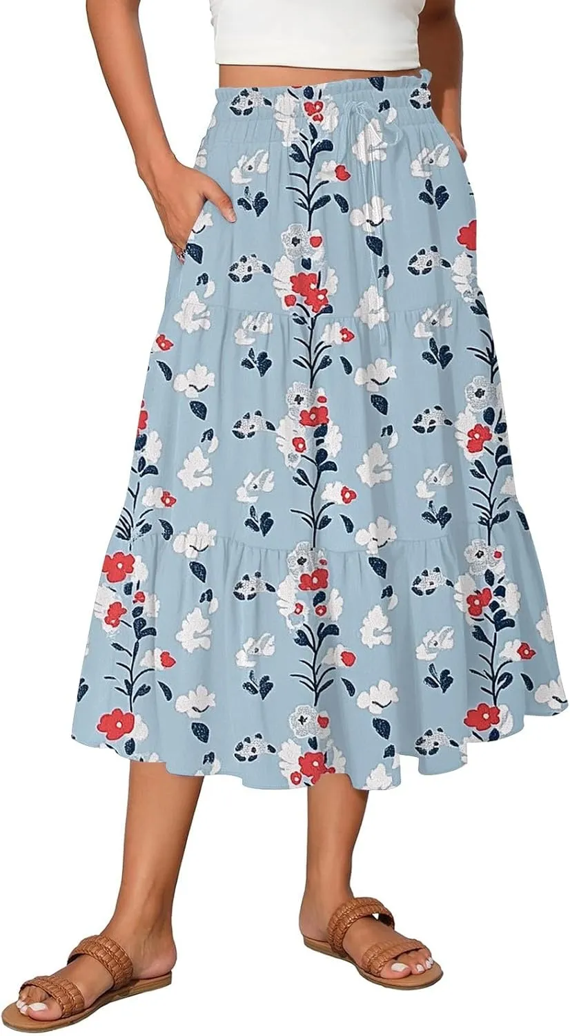 Women's Skirt 's 2025 Bohemian Ditzy Floral Printed Stretch Waist Midi Legth Skirt with Pockets, S-2XL