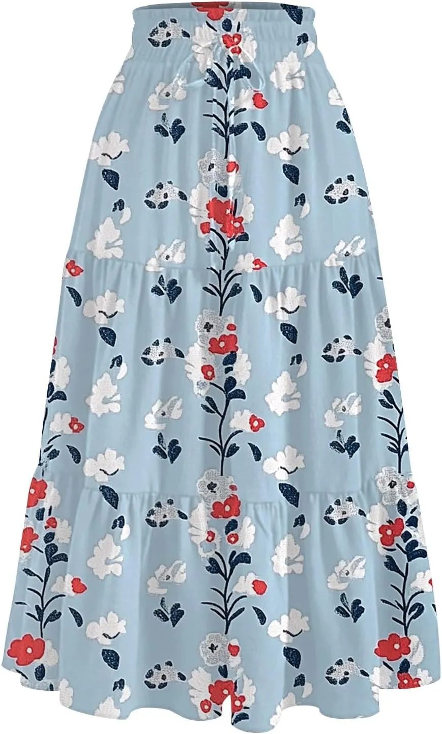 Women's Skirt 's 2025 Bohemian Ditzy Floral Printed Stretch Waist Midi Legth Skirt with Pockets, S-2XL