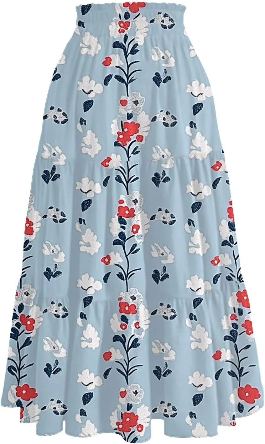 Women's Skirt 's 2025 Bohemian Ditzy Floral Printed Stretch Waist Midi Legth Skirt with Pockets, S-2XL