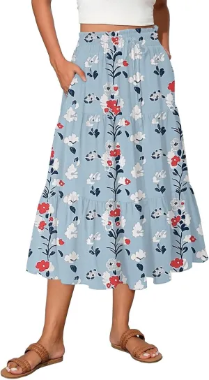 Women's Skirt 's 2025 Bohemian Ditzy Floral Printed Stretch Waist Midi Legth Skirt with Pockets, S-2XL