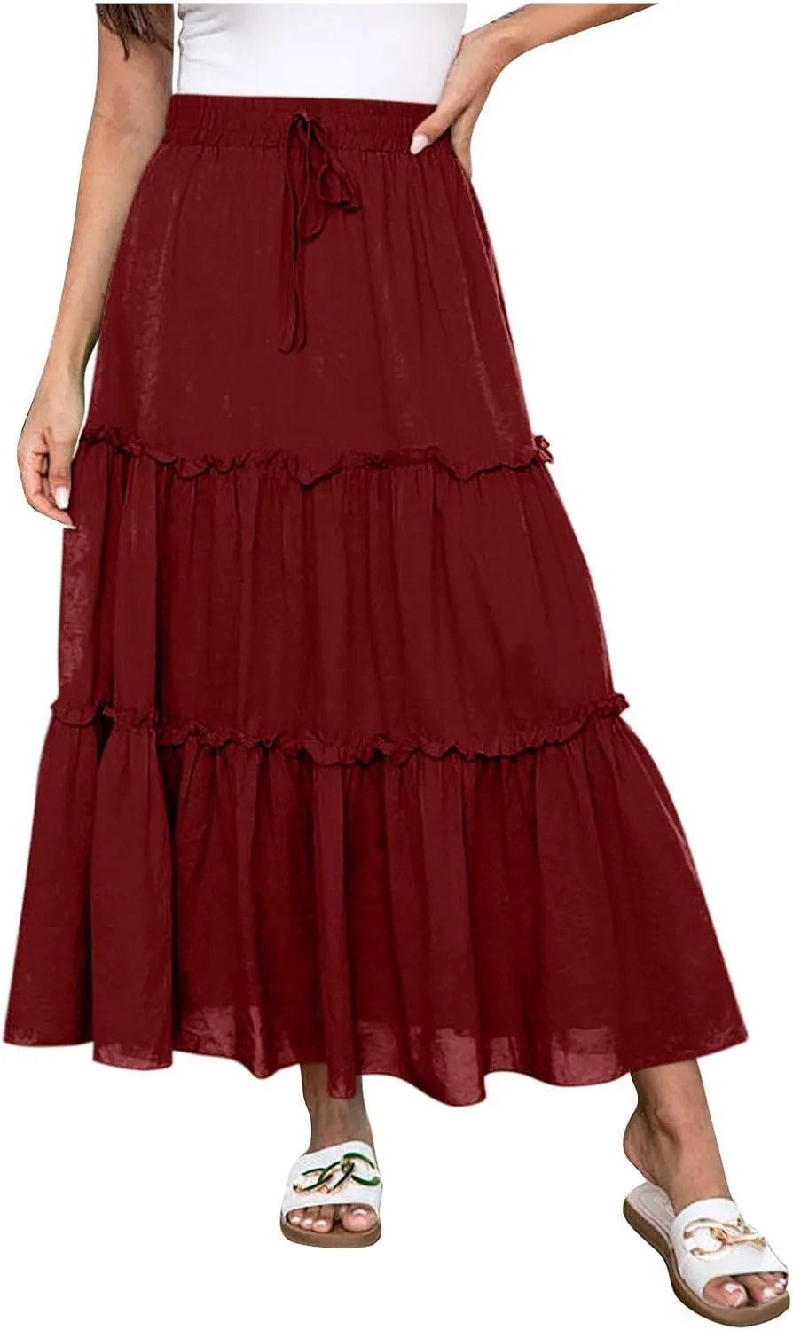Women's Skirts Beach Vacation Tiered Ruffle Swing A Line Skirts Elastic Waist Drawstring Summer Flowy Maxi Skirt
