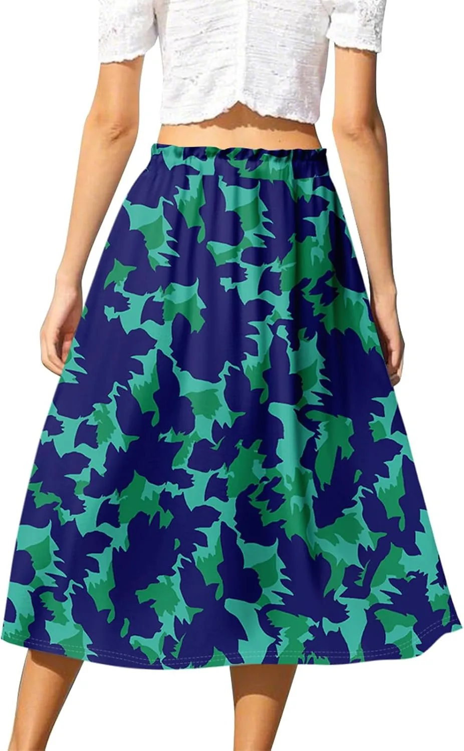 Women's Skirts Midi Flowy Summer Drawstring Elastic High Waist Knee Length Skirt A-Line Floral Pleated Skirt