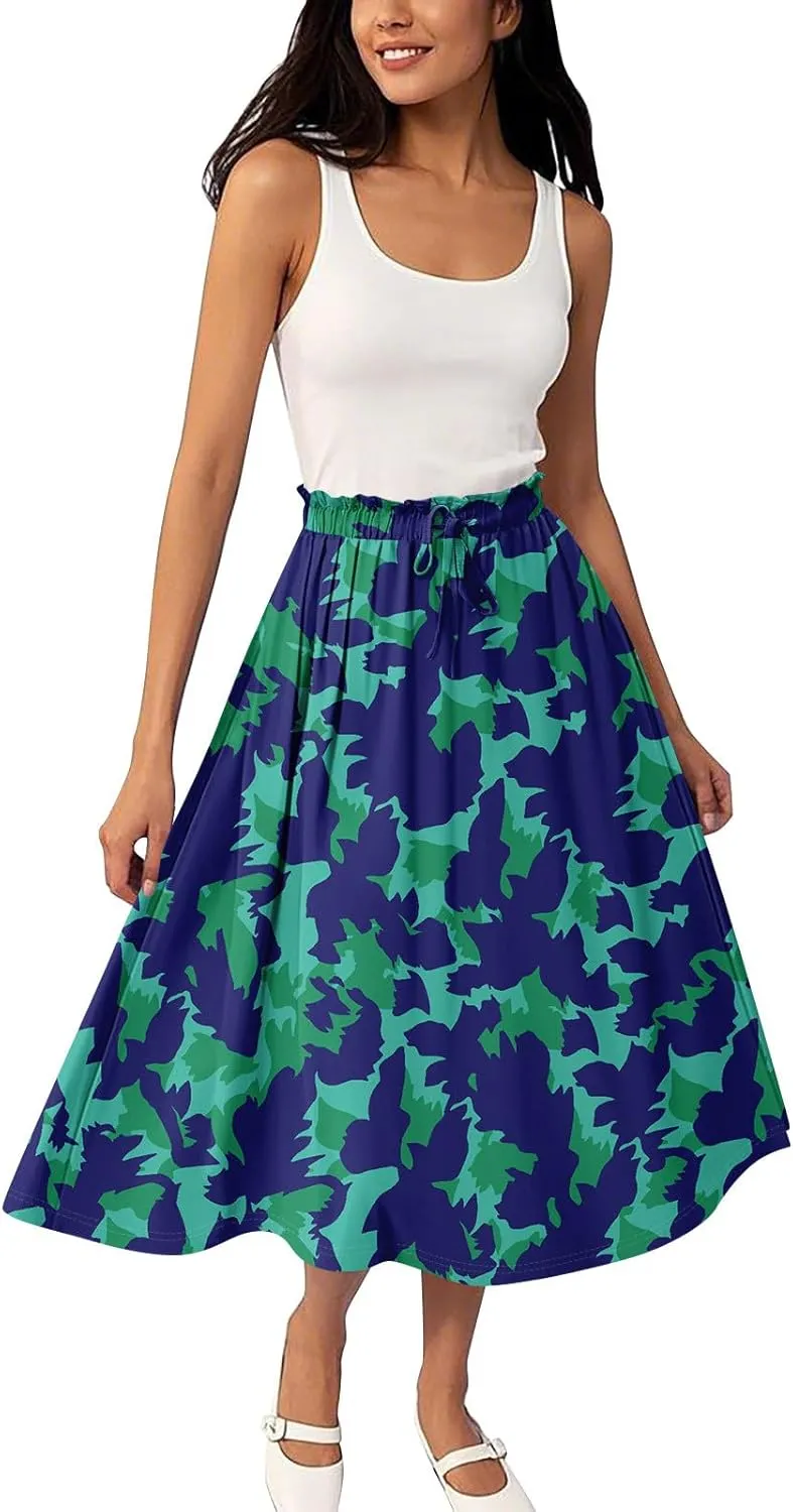 Women's Skirts Midi Flowy Summer Drawstring Elastic High Waist Knee Length Skirt A-Line Floral Pleated Skirt