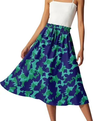 Women's Skirts Midi Flowy Summer Drawstring Elastic High Waist Knee Length Skirt A-Line Floral Pleated Skirt