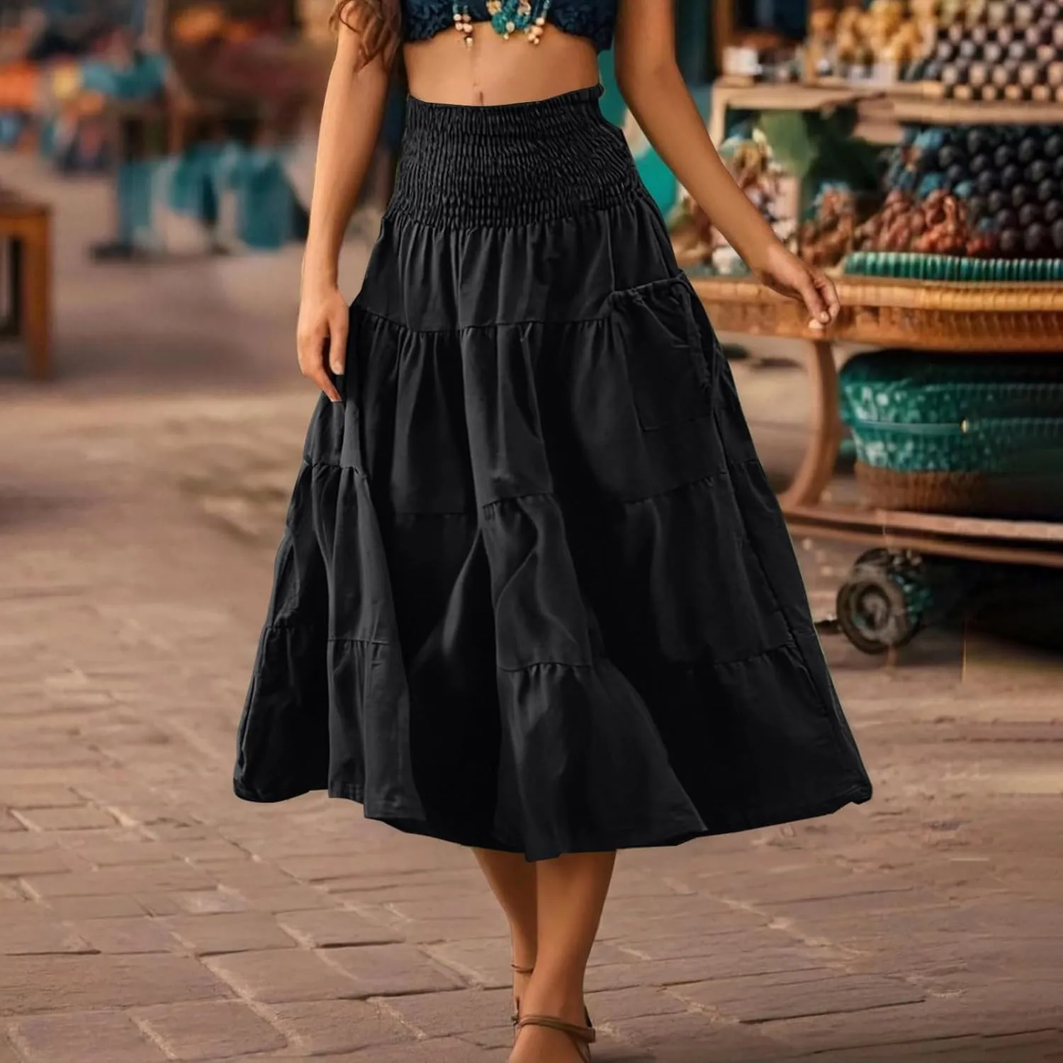 Womens Skirts Summer Casual Maxi Length High Waisted Boho Flowy Smocked Tiered Skirt Trendy Long Beach Dress