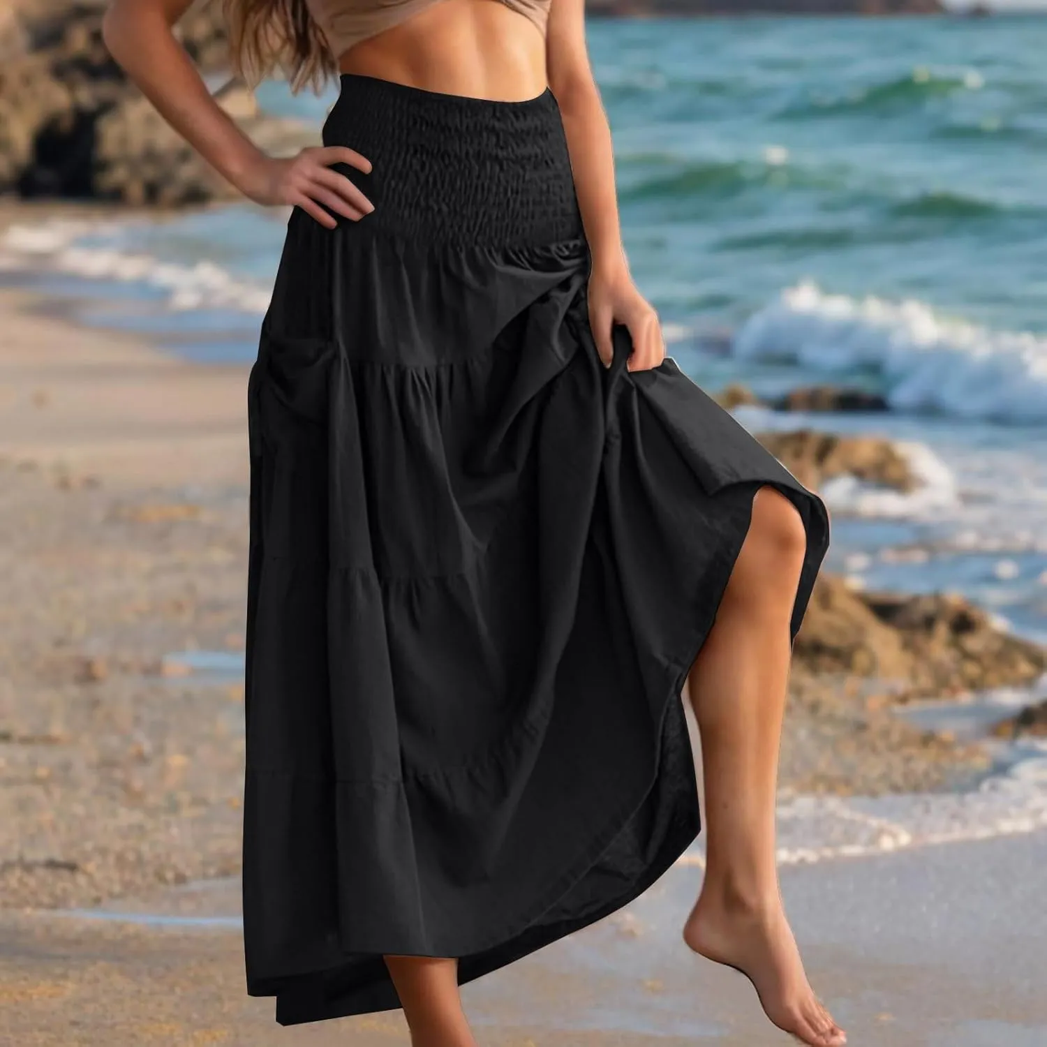 Womens Skirts Summer Casual Maxi Length High Waisted Boho Flowy Smocked Tiered Skirt Trendy Long Beach Dress