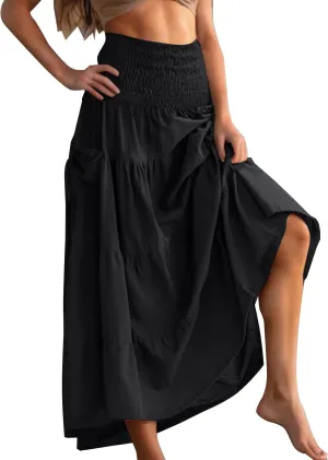 Womens Skirts Summer Casual Maxi Length High Waisted Boho Flowy Smocked Tiered Skirt Trendy Long Beach Dress
