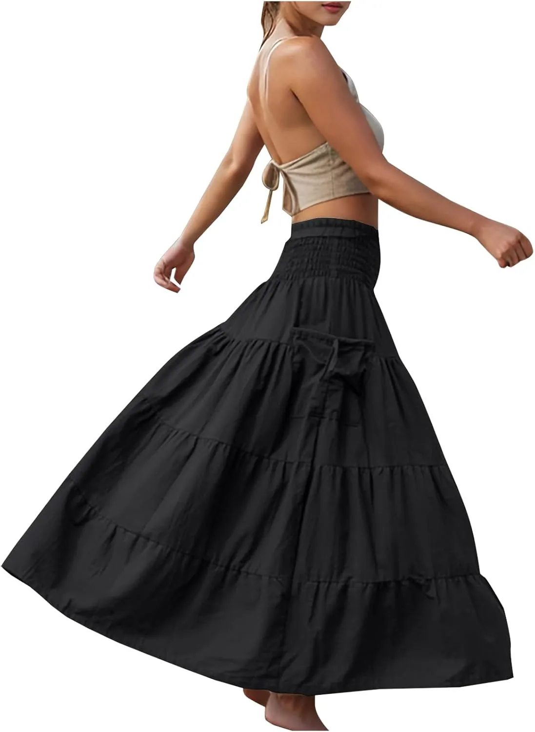 Womens Skirts Summer Casual Maxi Length High Waisted Boho Flowy Smocked Tiered Skirt Trendy Long Beach Dress