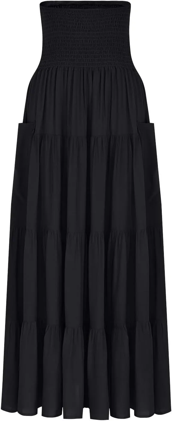 Womens Skirts Summer Casual Maxi Length High Waisted Boho Flowy Smocked Tiered Skirt Trendy Long Beach Dress