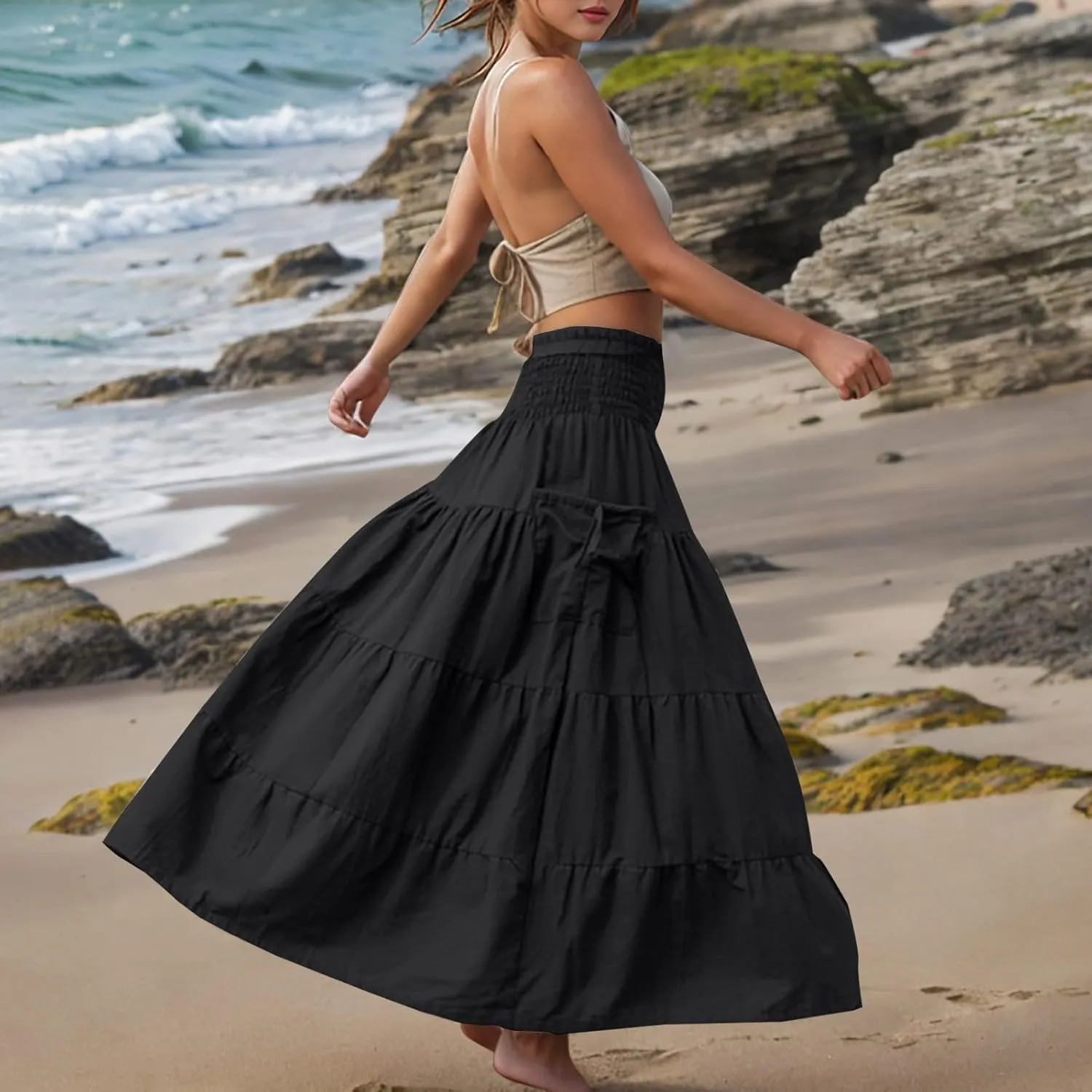 Womens Skirts Summer Casual Maxi Length High Waisted Boho Flowy Smocked Tiered Skirt Trendy Long Beach Dress