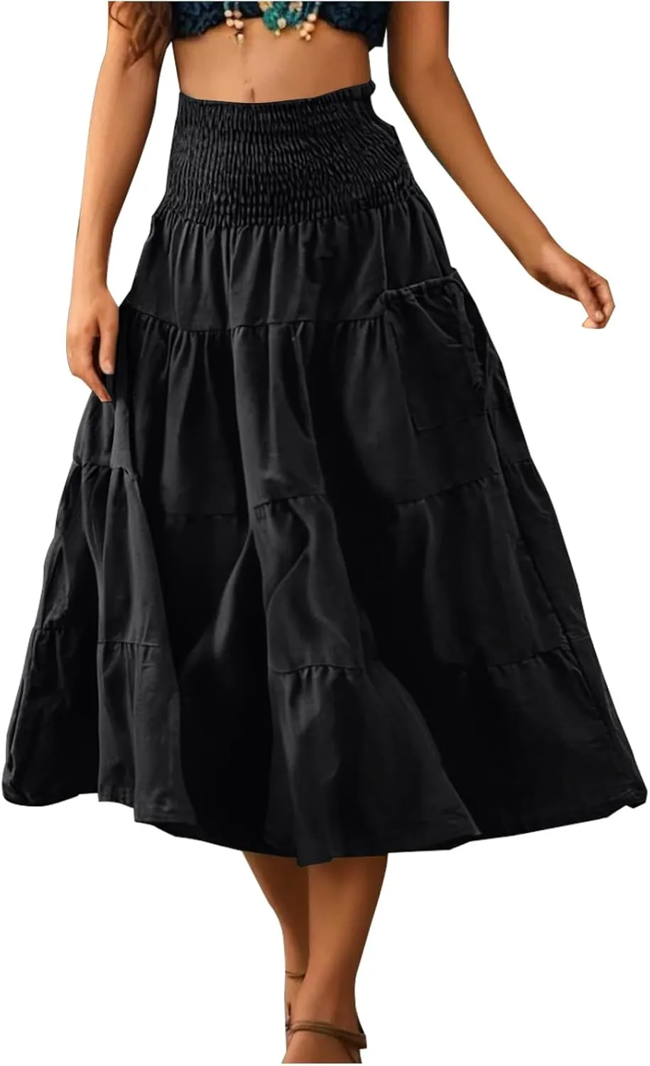 Womens Skirts Summer Casual Maxi Length High Waisted Boho Flowy Smocked Tiered Skirt Trendy Long Beach Dress