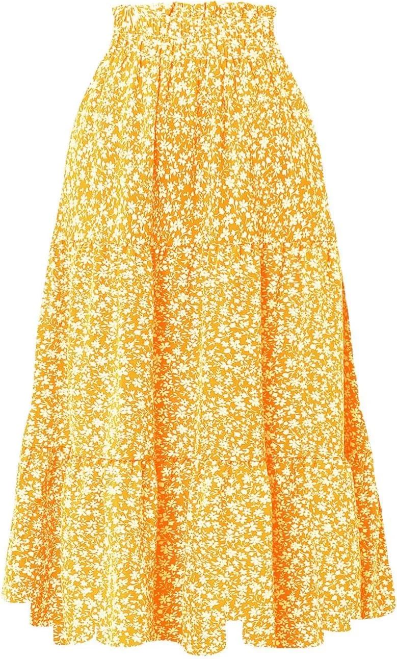 Women's Skirts Women's Summer Comfy Tiered Elastic High Waisted Skirts Casual Floral Print A Line Skirt