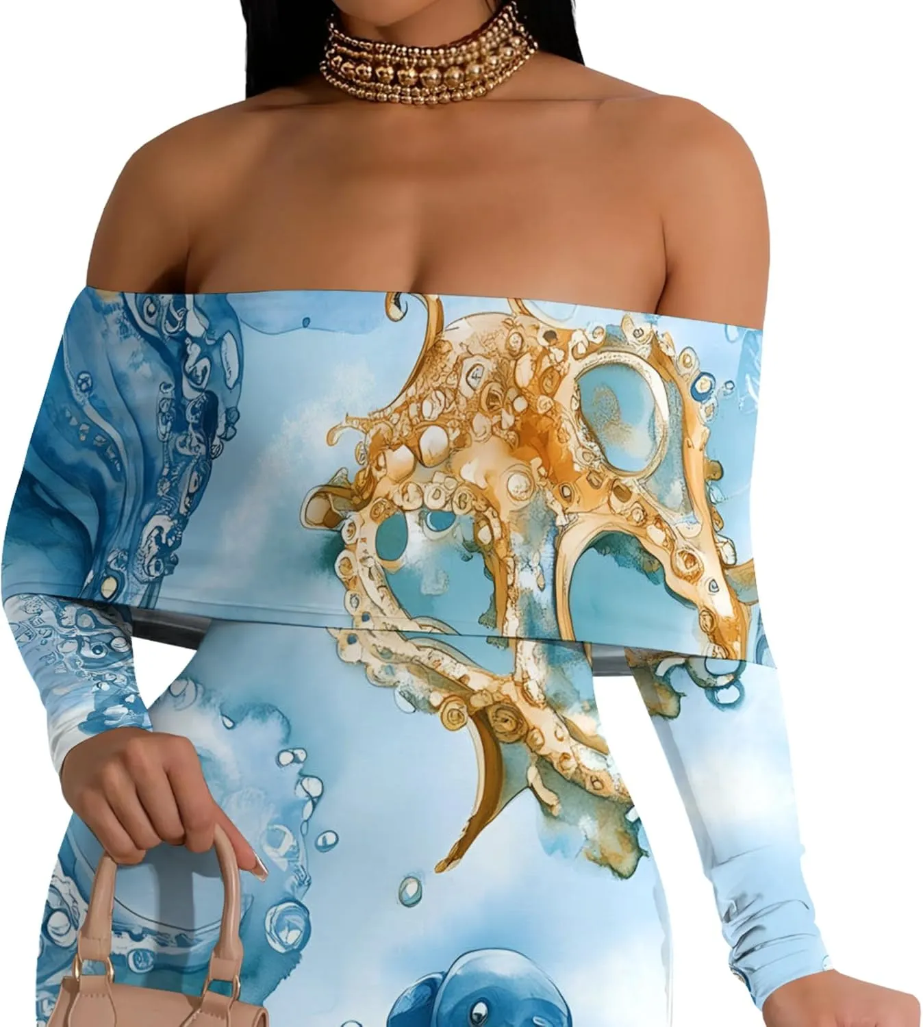 Women's Sleeve Dress Off The Shoulder Long Bodycon Fit Floral Pattern Maxi Casual Sexy Boho Length Dresses