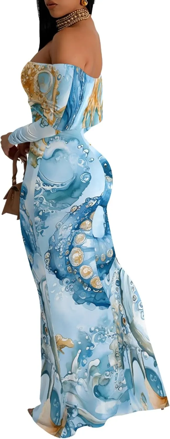 Women's Sleeve Dress Off The Shoulder Long Bodycon Fit Floral Pattern Maxi Casual Sexy Boho Length Dresses