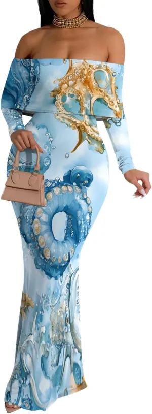 Women's Sleeve Dress Off The Shoulder Long Bodycon Fit Floral Pattern Maxi Casual Sexy Boho Length Dresses