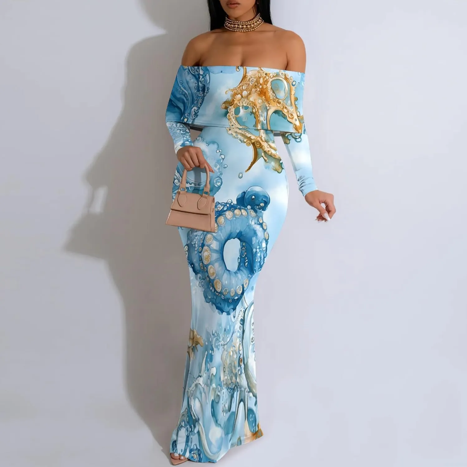 Women's Sleeve Dress Off The Shoulder Long Bodycon Fit Floral Pattern Maxi Casual Sexy Boho Length Dresses