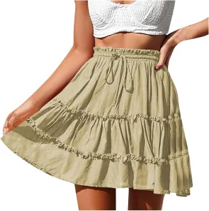 Womens Solid Color Boho Skirts 2024 Flowy Pleated High Waisted Maxi Skirt Casual Summer Long Skirts for Ladies