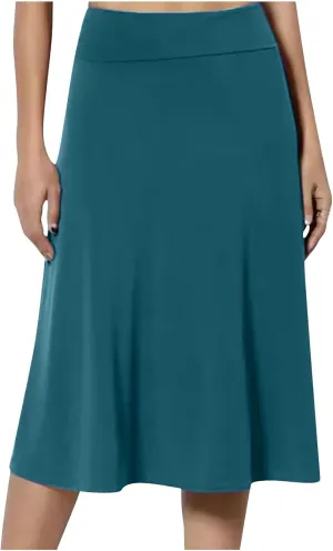 Womens Solid Lightweight Midi Skirt Pull On Casual Skirts High Waisted Stretch Summer Work Office Dress 2025 Trendy
