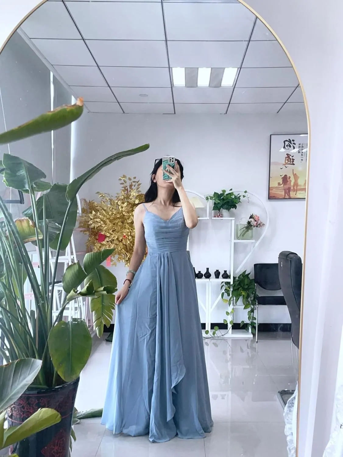 Women's Spaghetti Straps Ruffle Pleated Bridesmaid Dresses with Slit Long Chiffon Formal Party Dress 2024 DE193