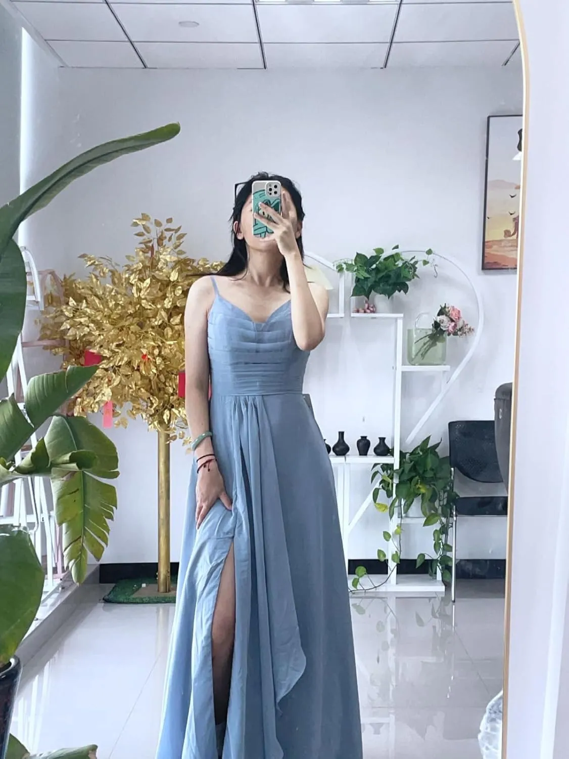 Women's Spaghetti Straps Ruffle Pleated Bridesmaid Dresses with Slit Long Chiffon Formal Party Dress 2024 DE193
