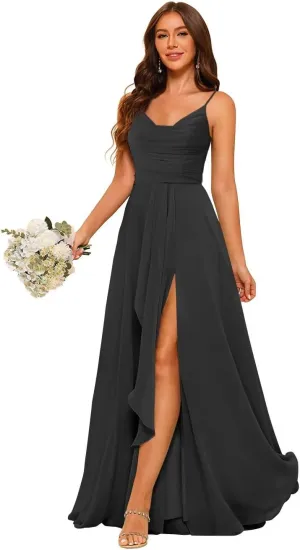 Women's Spaghetti Straps Ruffle Pleated Bridesmaid Dresses with Slit Long Chiffon Formal Party Dress 2024 DE193