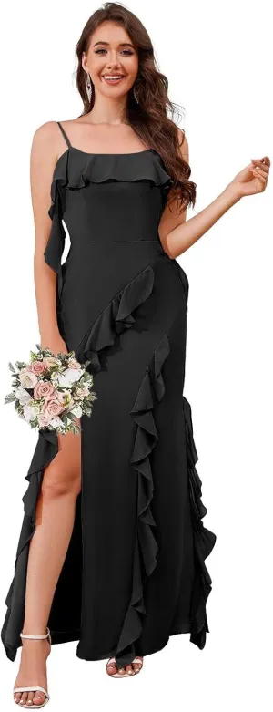 Women's Spaghetti Straps Ruffled Chiffon Bridesmaid Dresses with Slit Long Formal Evening Gown