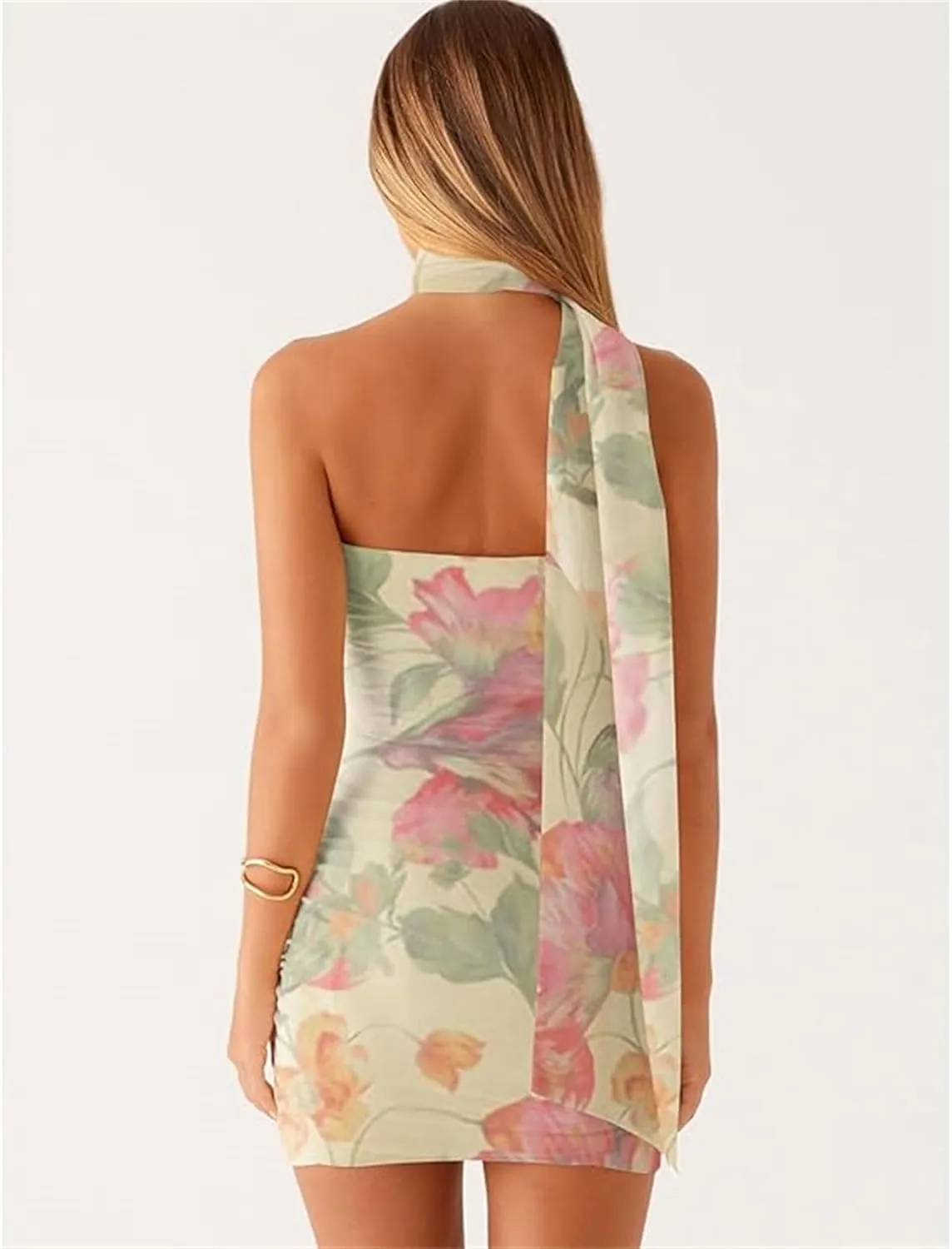 Women's Strapless Neck Scarf Floral Dresses Bodycon Backless Short Mini Dress Fitted Flower Sundress Summer