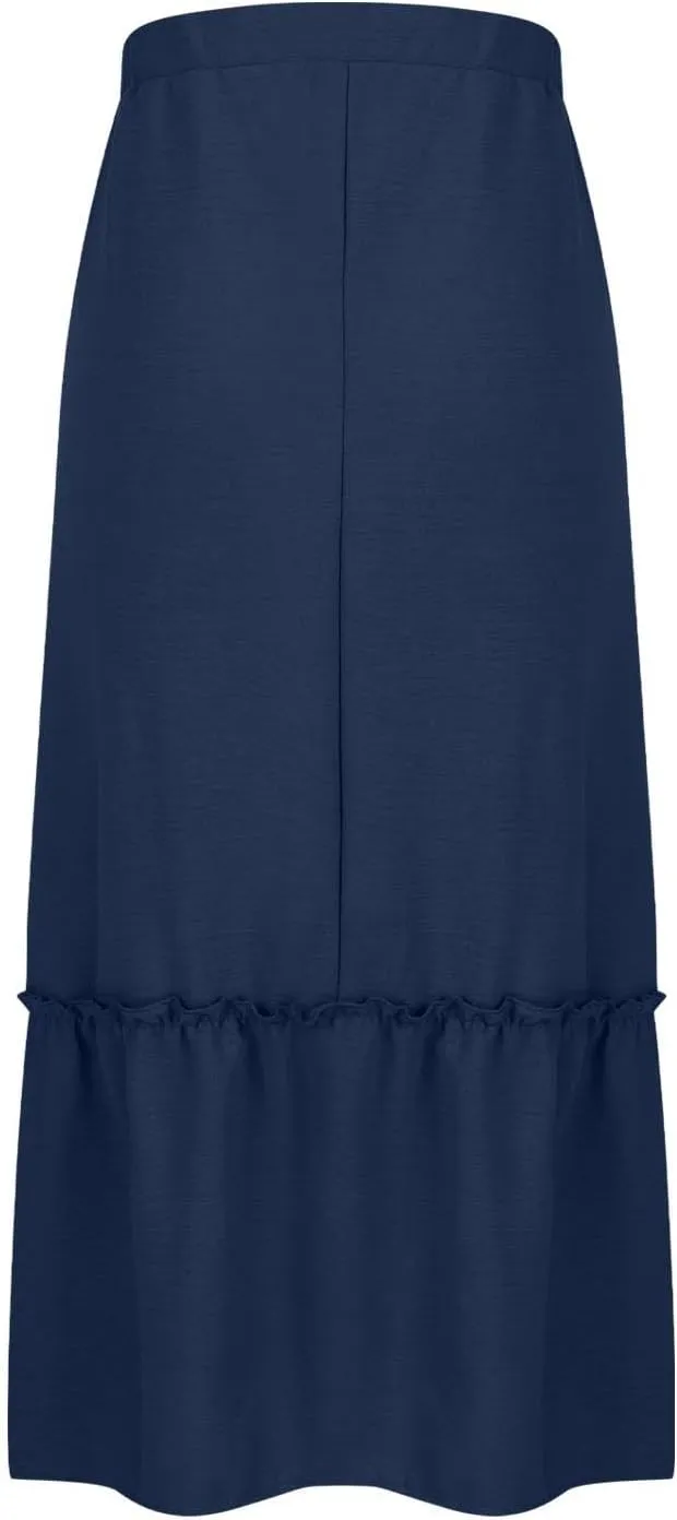 Womens Summer Beach Skirts Lace-Up Elastic Waist Fashion Solid Color A-Line Flowy Skirt Wrinkle Midi Skirts